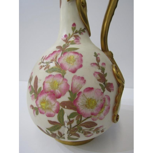 9 - ROYAL WORCESTER, ivory ground and gilt ornate handled ewer jug, floral painted decoration, 34cm heig... 