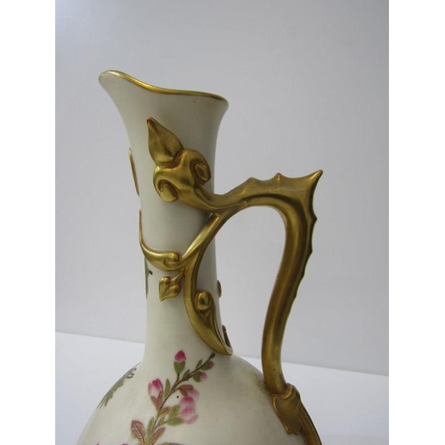 9 - ROYAL WORCESTER, ivory ground and gilt ornate handled ewer jug, floral painted decoration, 34cm heig... 