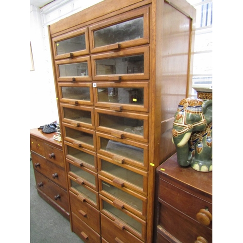 761 - VINTAGE HABERDASHERY CABINET, oak narrow cabinet with glazed frontage 91cm width