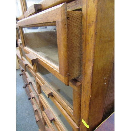 761 - VINTAGE HABERDASHERY CABINET, oak narrow cabinet with glazed frontage 91cm width