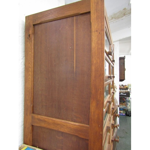 761 - VINTAGE HABERDASHERY CABINET, oak narrow cabinet with glazed frontage 91cm width