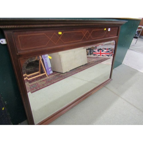 744 - EDWARDIAN OVERMANTEL, mahogany inlaid overmantel with bevel edged glass, 129cm width