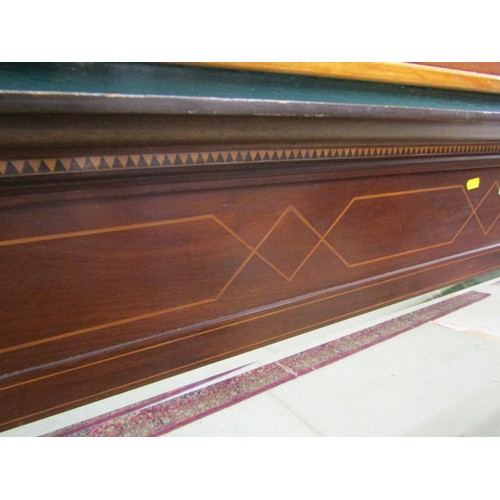 744 - EDWARDIAN OVERMANTEL, mahogany inlaid overmantel with bevel edged glass, 129cm width