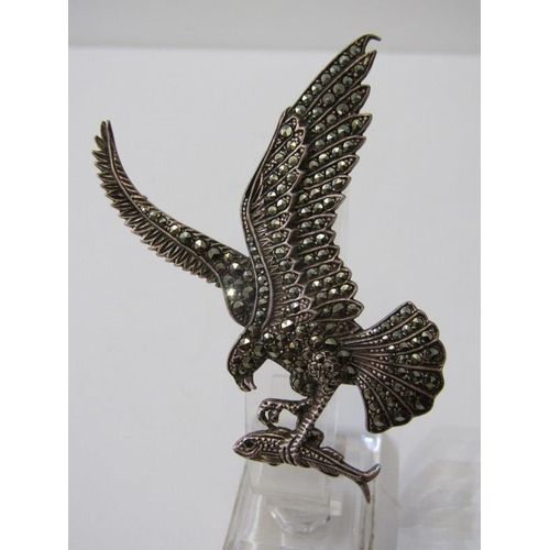 31 - SILVER MARCASITE BAR BROOCH in the form of an eagle catching a fish, 7cm