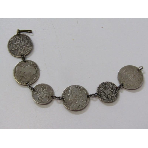 56 - SILVER COIN BRACELET, silver coin bracelet mixture of Georgian and Queen Anne coins all drilled, app... 