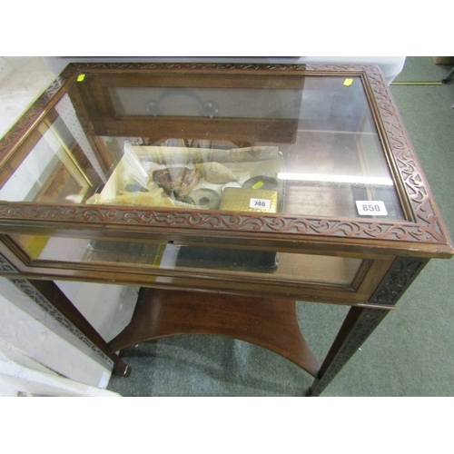 850 - VITRINE CABINET, carved mahogany framed vitrine cabinet with rising lid, fitted a lower shelf, on sq... 