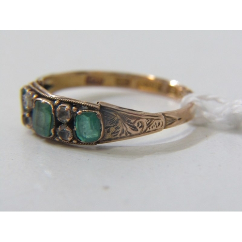 171 - ANTIQUE RING, 15ct gold ring set 3 emeralds, interspersed by clear stones, size P