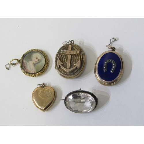 12 - ANTIQUE PINCHBECK PENDANTS, etc, oval locket decorated anchor to front and rear, oval locket with bl... 