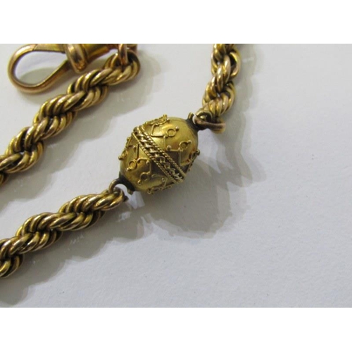 135 - ORNATE GOLD ALBERT CHAIN with swivel fob, T bar and chain tests as 14ct, swivel fob marked 9ct, appr... 