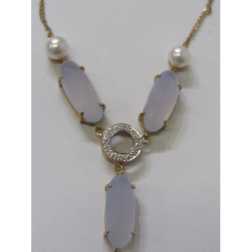 156 - CHALCEDONY STONE SET DROP NECKLACE, 9ct yellow gold ring set pearl, chalcedony and diamond chip on a... 