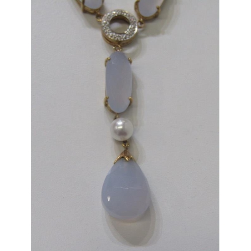 156 - CHALCEDONY STONE SET DROP NECKLACE, 9ct yellow gold ring set pearl, chalcedony and diamond chip on a... 