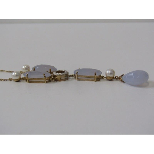 156 - CHALCEDONY STONE SET DROP NECKLACE, 9ct yellow gold ring set pearl, chalcedony and diamond chip on a... 