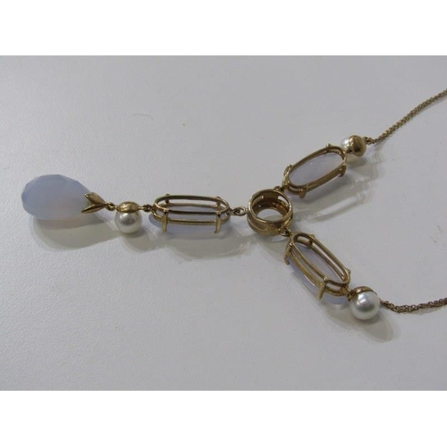 156 - CHALCEDONY STONE SET DROP NECKLACE, 9ct yellow gold ring set pearl, chalcedony and diamond chip on a... 