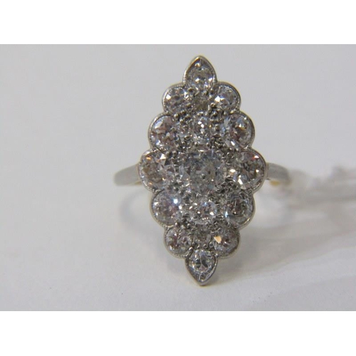 170 - ANTIQUE DIAMOND MARQUISE STYLE RING, 18ct yellow gold ring, set a cluster of diamonds in a marquise ... 