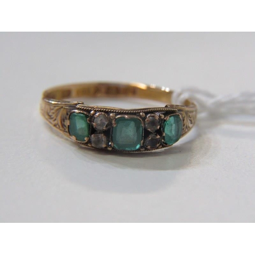 171 - ANTIQUE RING, 15ct gold ring set 3 emeralds, interspersed by clear stones, size P