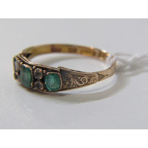 171 - ANTIQUE RING, 15ct gold ring set 3 emeralds, interspersed by clear stones, size P