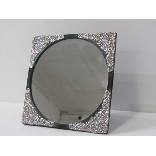 225 - EASEL DRESSING TABLE MIRROR, a circular easel mirror with silver mounts with foliate decoration in r... 