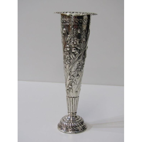 228 - SILVER SPILL VASE, a silver spill vase of tapering form, the body with floral decoration in relief w... 