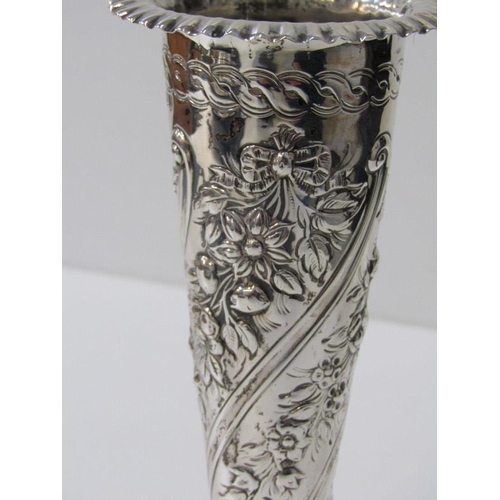 228 - SILVER SPILL VASE, a silver spill vase of tapering form, the body with floral decoration in relief w... 