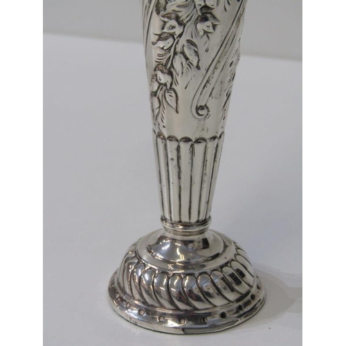 228 - SILVER SPILL VASE, a silver spill vase of tapering form, the body with floral decoration in relief w... 