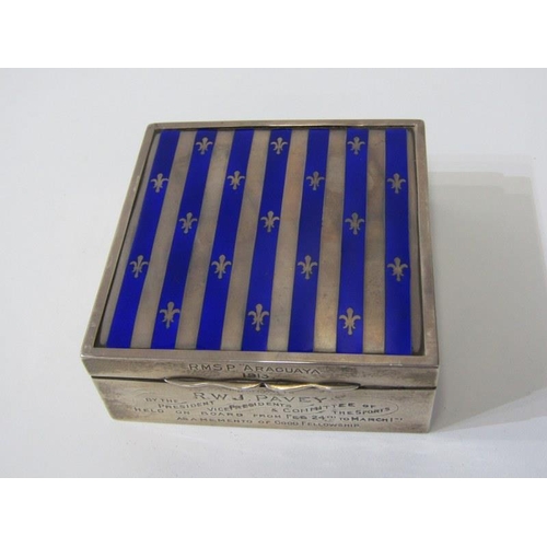 241 - SILVER & ENAMEL CIGARETTE BOX, square form presentation silver and blue enamel cigarette box, engrav... 