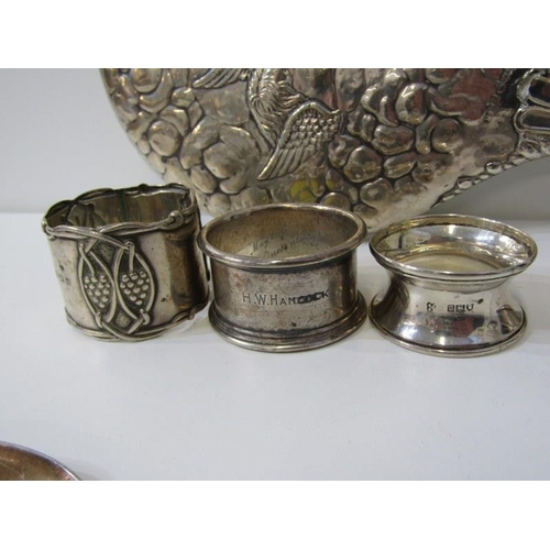 246 - SILVER NAPKIN RINGS, 5 assorted silver napkin rings of various designs, 6 assorted teaspoons, variou... 