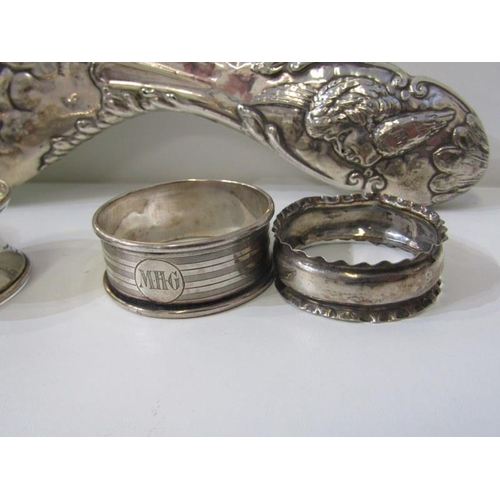 246 - SILVER NAPKIN RINGS, 5 assorted silver napkin rings of various designs, 6 assorted teaspoons, variou... 