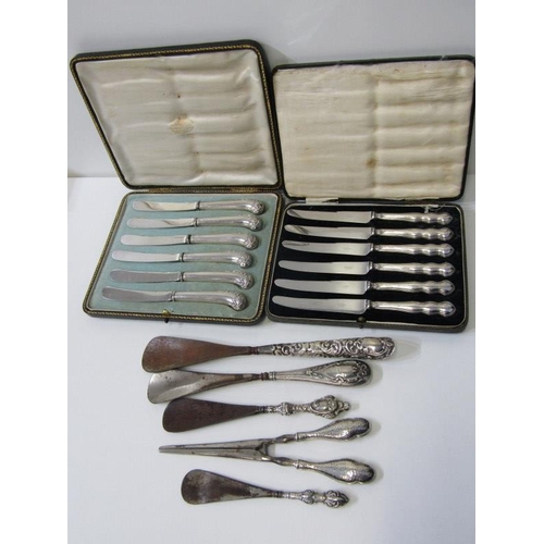 248 - SILVER HANDLED CUTLERY, 2 cased sets of 6 silver handles knives, 1 set with pistol grips, together w... 