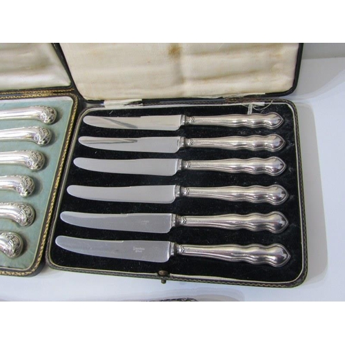 248 - SILVER HANDLED CUTLERY, 2 cased sets of 6 silver handles knives, 1 set with pistol grips, together w... 