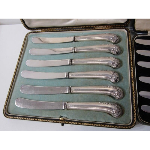 248 - SILVER HANDLED CUTLERY, 2 cased sets of 6 silver handles knives, 1 set with pistol grips, together w... 