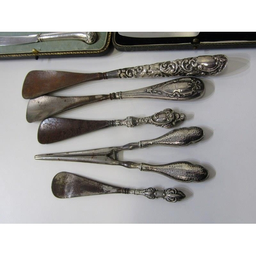 248 - SILVER HANDLED CUTLERY, 2 cased sets of 6 silver handles knives, 1 set with pistol grips, together w... 