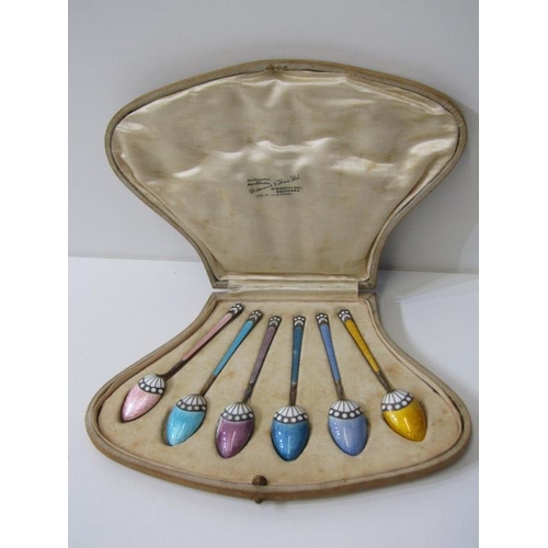 255 - SET OF 6 ENAMELLED SILVER COFFEE SPOONS, in original case,  (some minor faults)