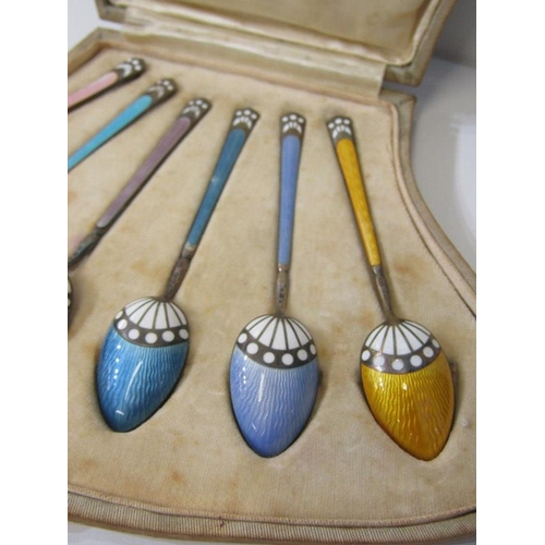 255 - SET OF 6 ENAMELLED SILVER COFFEE SPOONS, in original case,  (some minor faults)