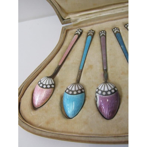 255 - SET OF 6 ENAMELLED SILVER COFFEE SPOONS, in original case,  (some minor faults)