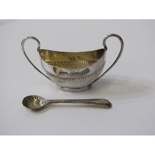 256 - SILVER SALTS, pair of oval twin handled fluted base salts, Sheffield 1942, with matching spoons