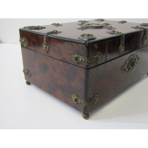 434 - VICTORIAN NEEDLEWORK BOX, an interesting burr rectangular needlework box mounted with brass classica... 