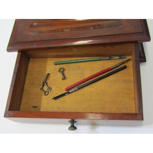 437 - EDWARDIAN STANDISH, mahogany drawer base standish with triple inkwell bottles, 30cm width