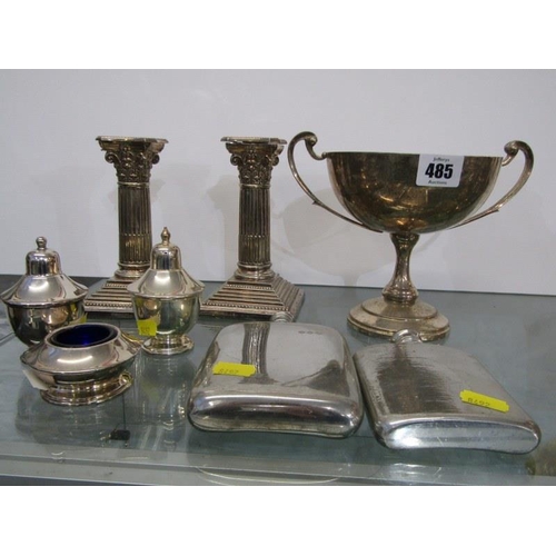 485 - SILVER PLATE, twin handled trophy cup, 16cm height,  pair of Walker & Hall classical column, 15cm ca... 