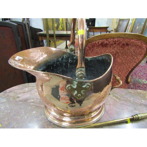 489 - ANTIQUE METALWARE, Victorian copper swing handled coal scuttle and Aesthetic movement brass poker