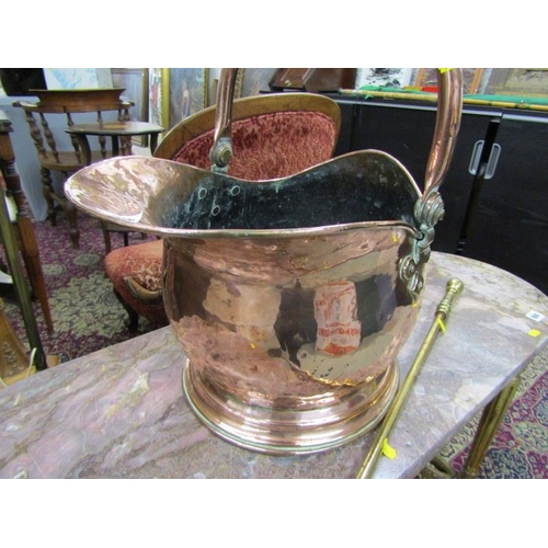 489 - ANTIQUE METALWARE, Victorian copper swing handled coal scuttle and Aesthetic movement brass poker