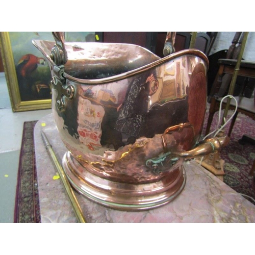 489 - ANTIQUE METALWARE, Victorian copper swing handled coal scuttle and Aesthetic movement brass poker