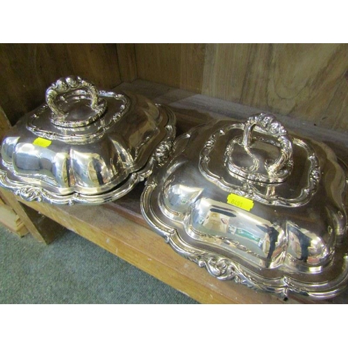 490 - SILVER PLATE, pair of Georgian design foliate edge entree dishes; together with pair of Edwardian re... 