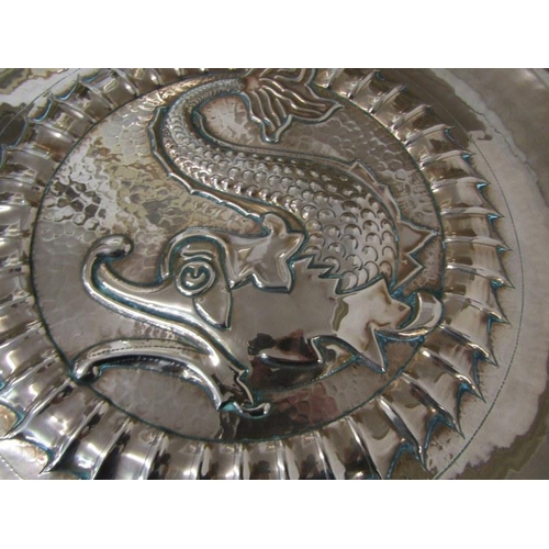 492 - NEWLYN COPPER, an impressive leaping fish design 59cm circular charger, unsigned