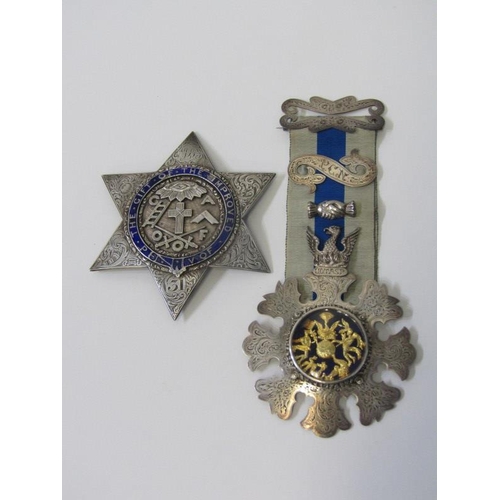 54 - 2 X 19TH CENTURY SILVER CEREMONIAL MEDALLIONS, 1 with blue enamel dial, possible the Order of Friend... 