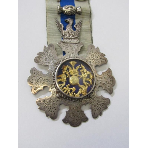 54 - 2 X 19TH CENTURY SILVER CEREMONIAL MEDALLIONS, 1 with blue enamel dial, possible the Order of Friend... 