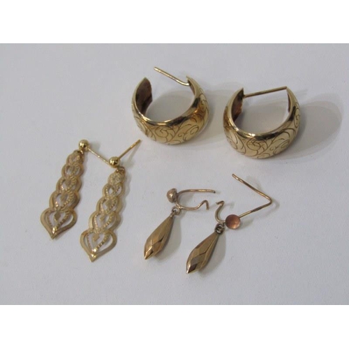 80 - GOLD EARRINGS, 3 pairs of gold earrings, including a  pair of gold hoop earrings and 2 drop earrings... 