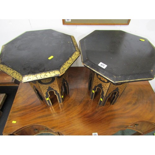 671 - EASTERN FURNITURE, two gilded octagonal occasional tables, on ebonised ground, 37cm width