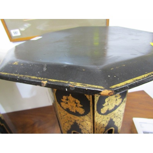 671 - EASTERN FURNITURE, two gilded octagonal occasional tables, on ebonised ground, 37cm width