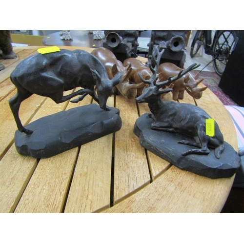 97 - ASSORTED ANIMAL FIGURES, pair of painted metal figures of deer, on wood bases, 3 African carved wood... 