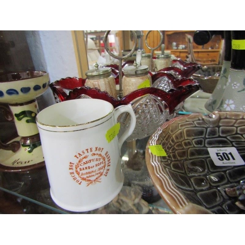 116 - MOTTOWARE CHAMBER STICK and 2 bowls, Carfury band of hope, 1908 commemorative mug, Wade tortoise bow... 